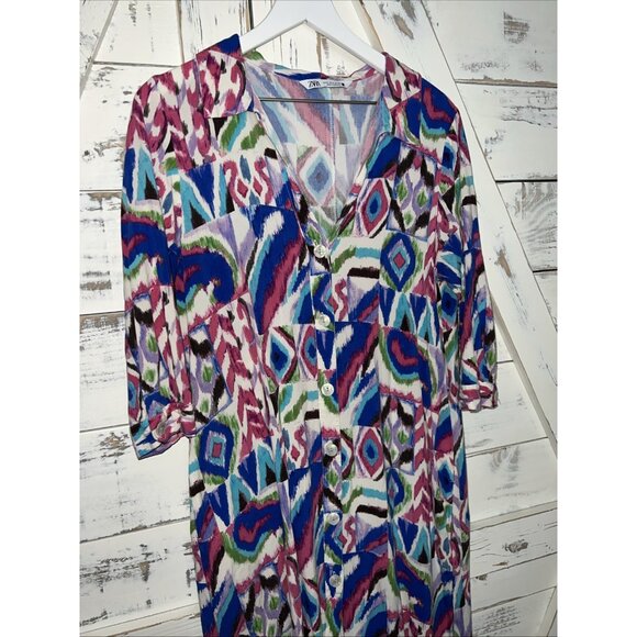ZARA Printed Dress Summer Tribal Maxi Cover Up Kaftan colorful geo ikat M MEDIUM - Picture 3 of 14